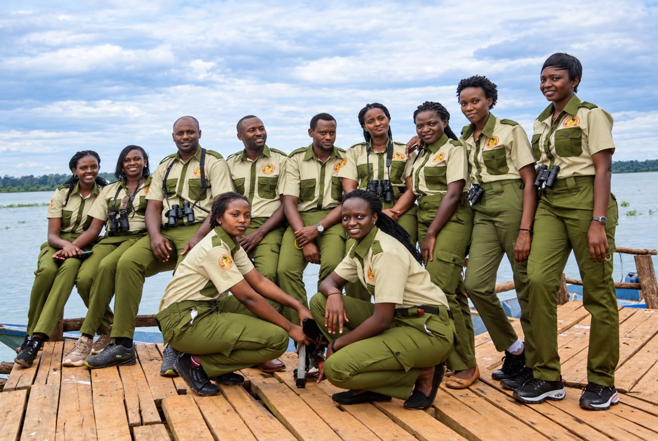 The JM Jungle Safaris official naturalist guide team in uniform overlooking the water